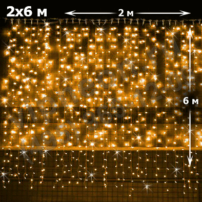 Светодиодный дождь ( LED Плей Лайт), 2*6м, желтые диоды, мерцающий